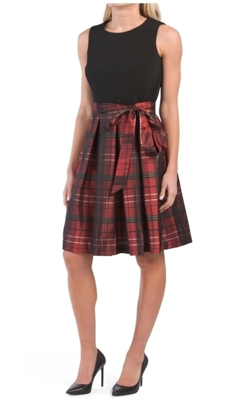 𝅺Chetta B. Plaid Mix Media Tie Front Holiday Dress - Picture 1 of 5